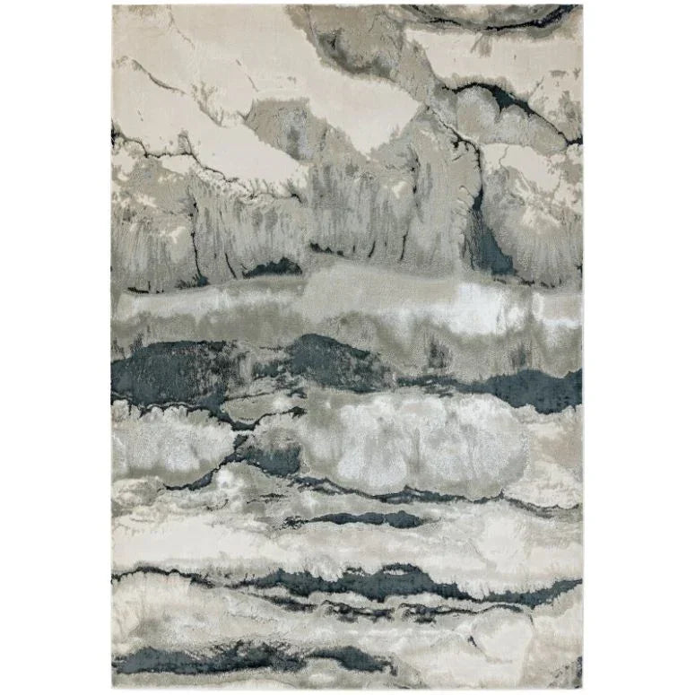 Modern abstract area rug with grey, beige, and blue marbled pattern