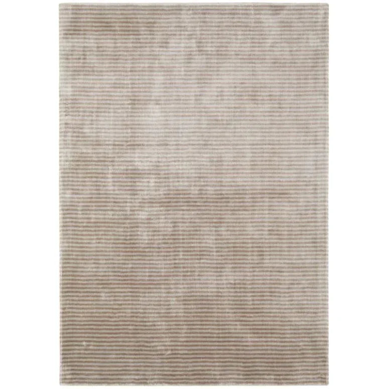 Beige striped area rug with subtle linear texture, shown from a top-down angle