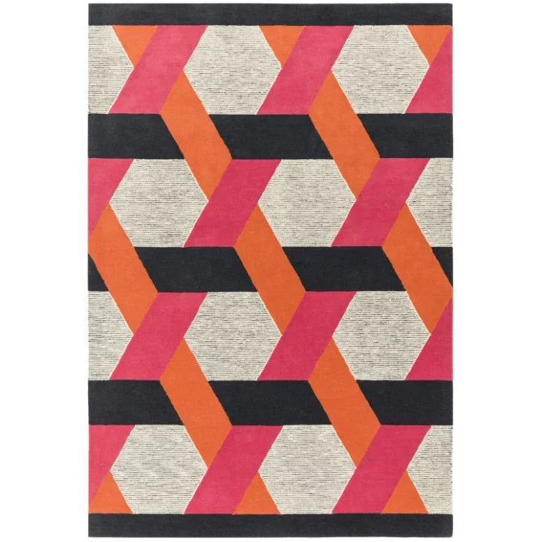 Geometric patterned rug with pink, orange, black and beige blocks