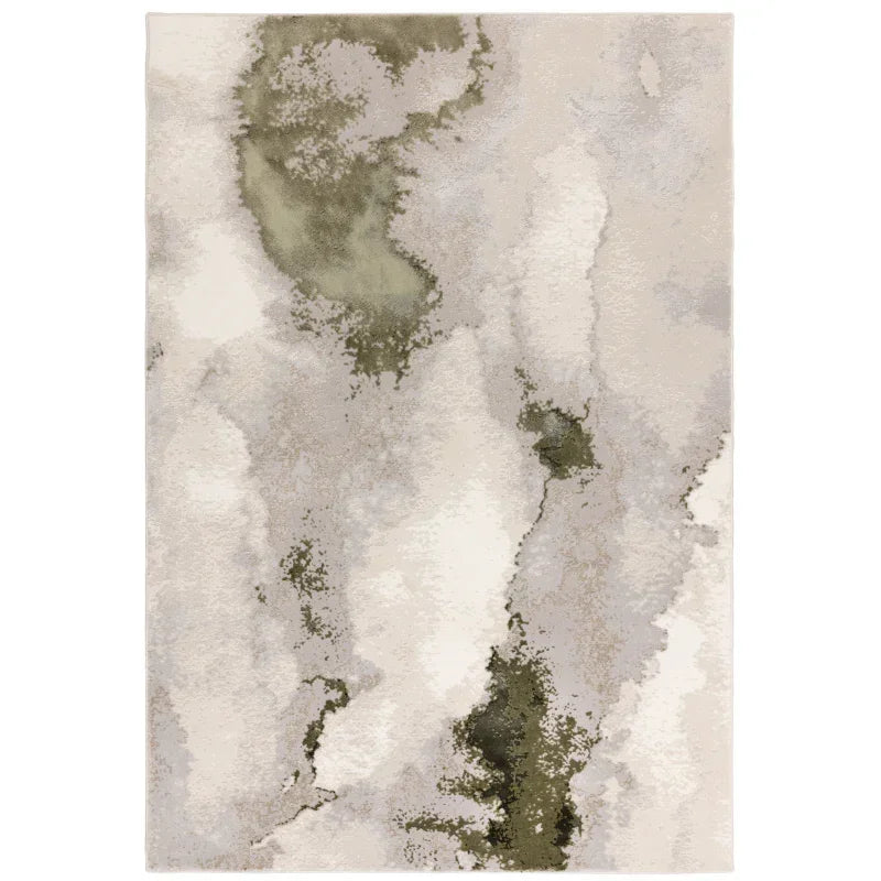Beige and green abstract area rug with soft textured pattern