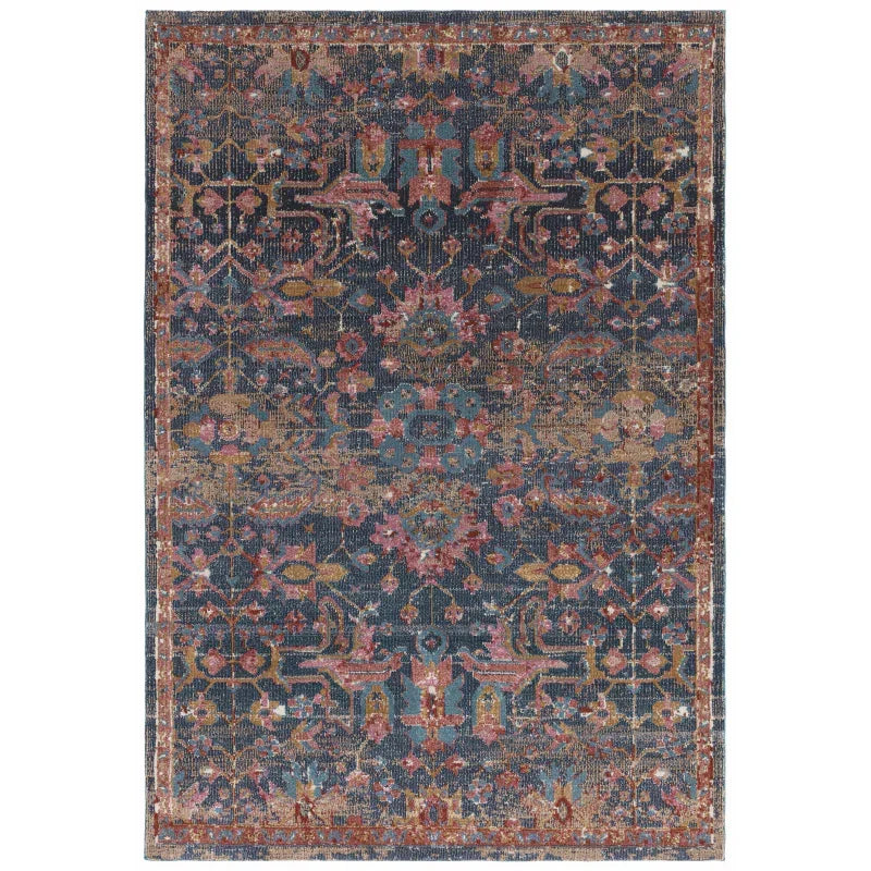 Traditional blue area rug with ornate red and gold floral pattern and distressed finish