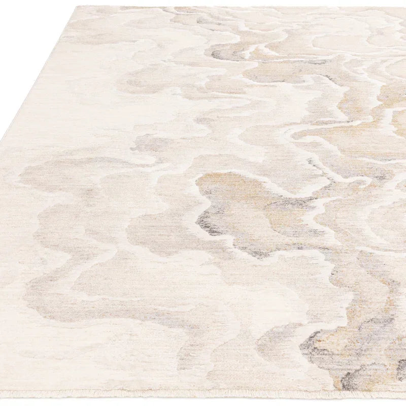 Modern area rug with abstract beige and grey pattern and soft textured finish