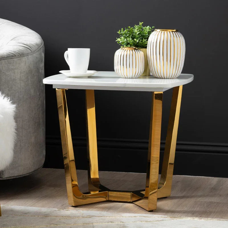 Meghan Gold Metal End Table with White Faux Marble Top