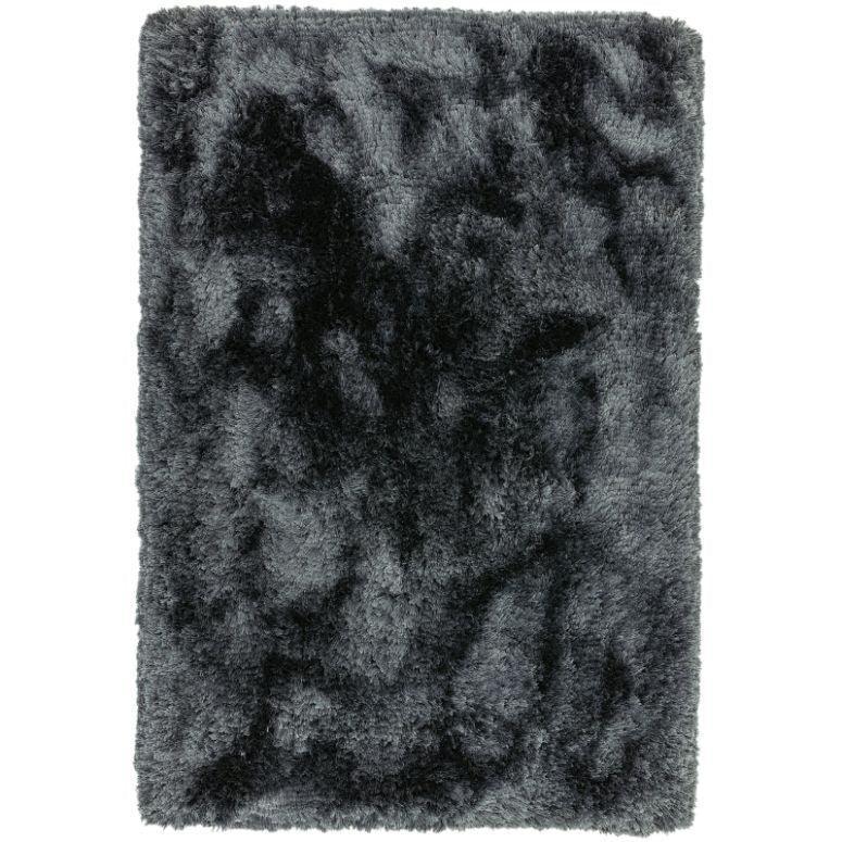 Rectangular dark grey shaggy rug with thick pile texture