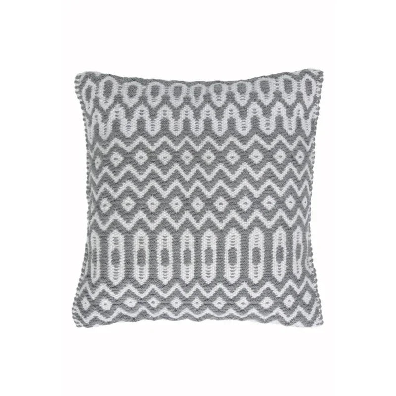 Grey and white geometric patterned cushion with textured fabric front view