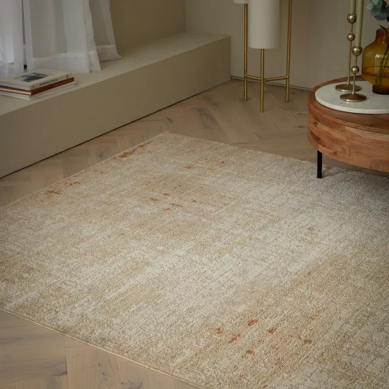 Beige area rug with subtle pattern on light wood floor in modern living room