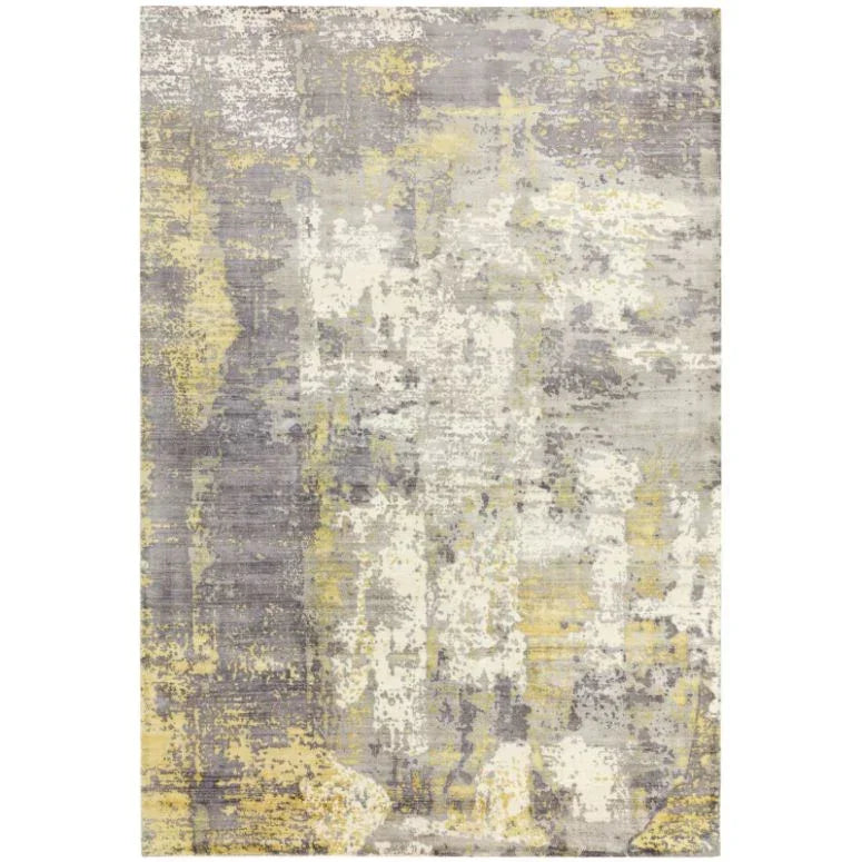 Abstract area rug with grey, yellow and cream pattern, rectangular modern design