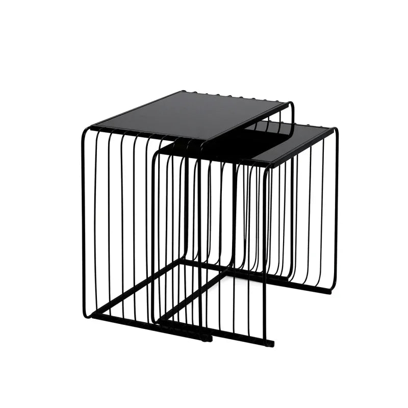 Set of 2 Black Metal with Black Glass Top Nesting Table