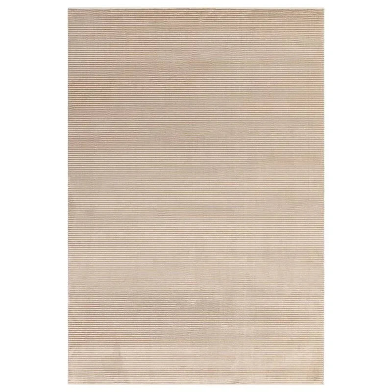 Beige area rug with subtle horizontal stripe pattern and textured finish