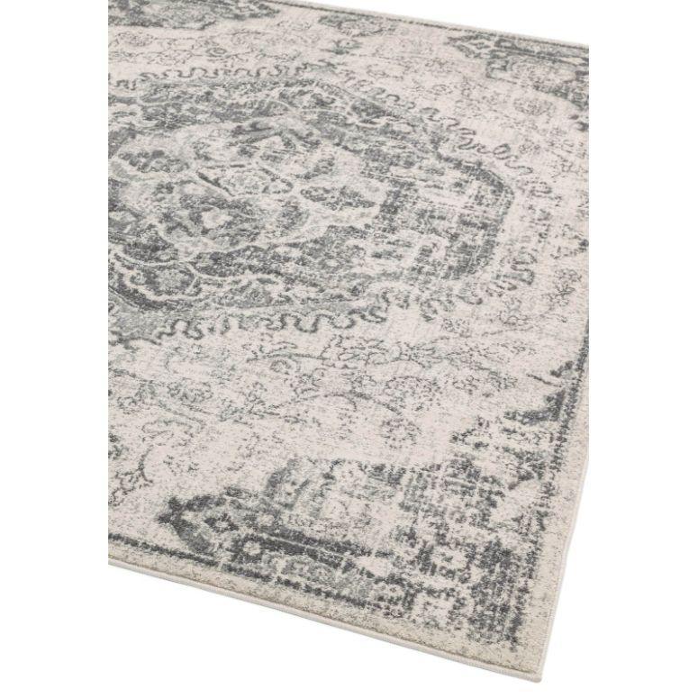 Grey patterned area rug with ornate detailing and distressed vintage style design