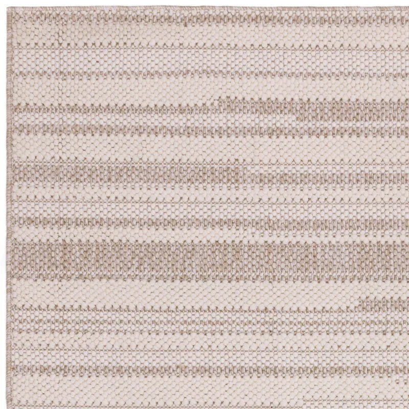 Neutral striped wool rug with textured weave in beige and cream tones, top view