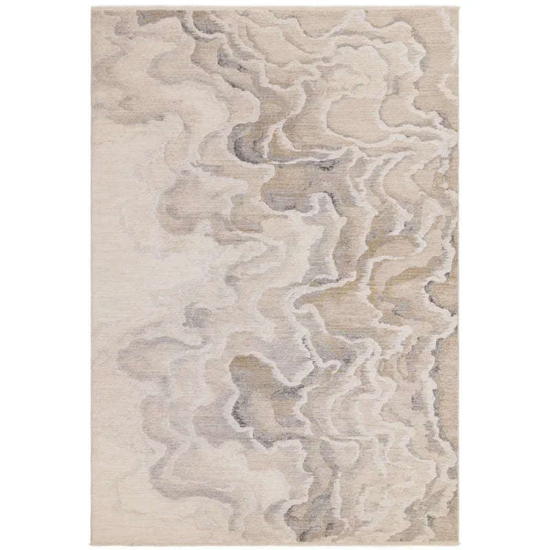 Beige abstract area rug with textured wavy pattern and neutral tones