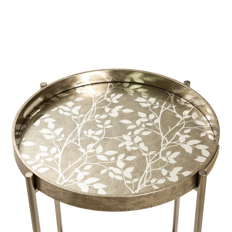 59cm Champagne End Table with Leaves Design Glass Table Top