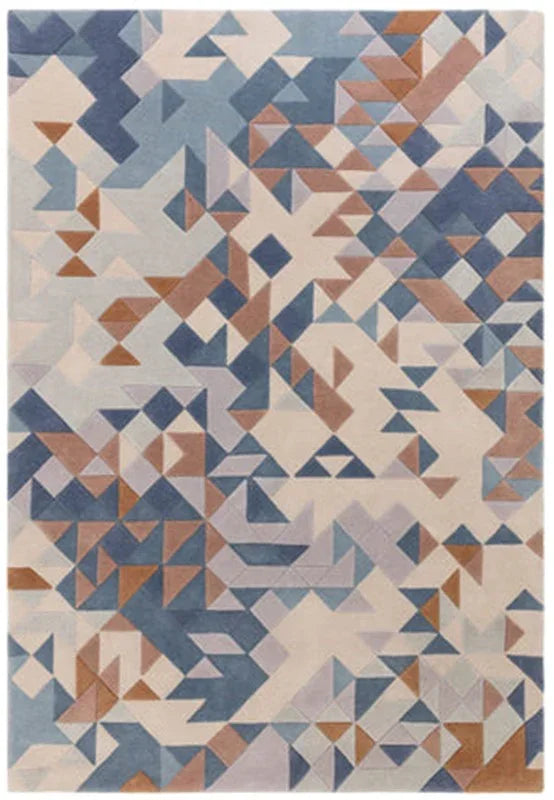 Modern geometric area rug with blue, beige and brown triangle pattern
