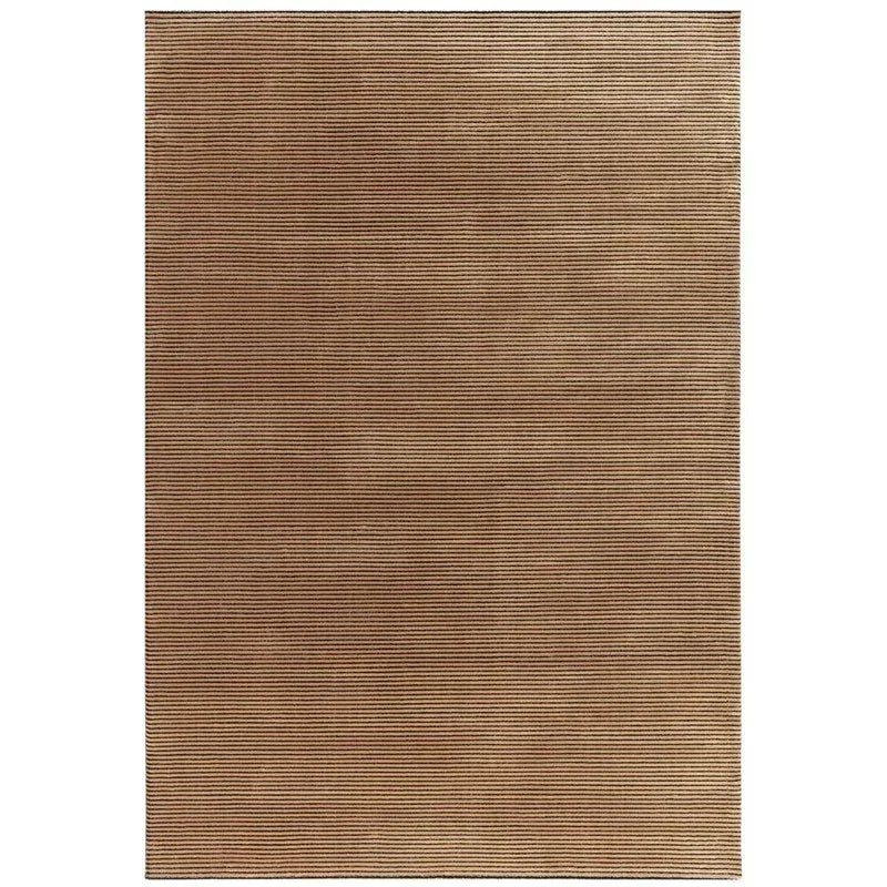 Brown textured area rug with subtle striped pattern, shown from above
