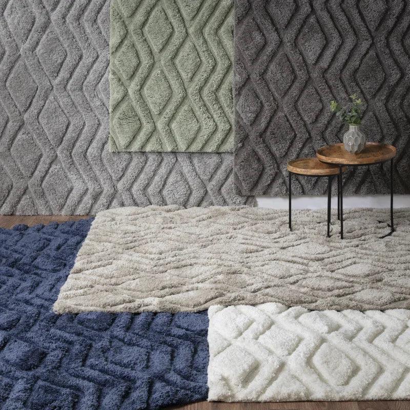Diamond patterned shaggy rugs in grey, green, blue, cream, beige with side tables