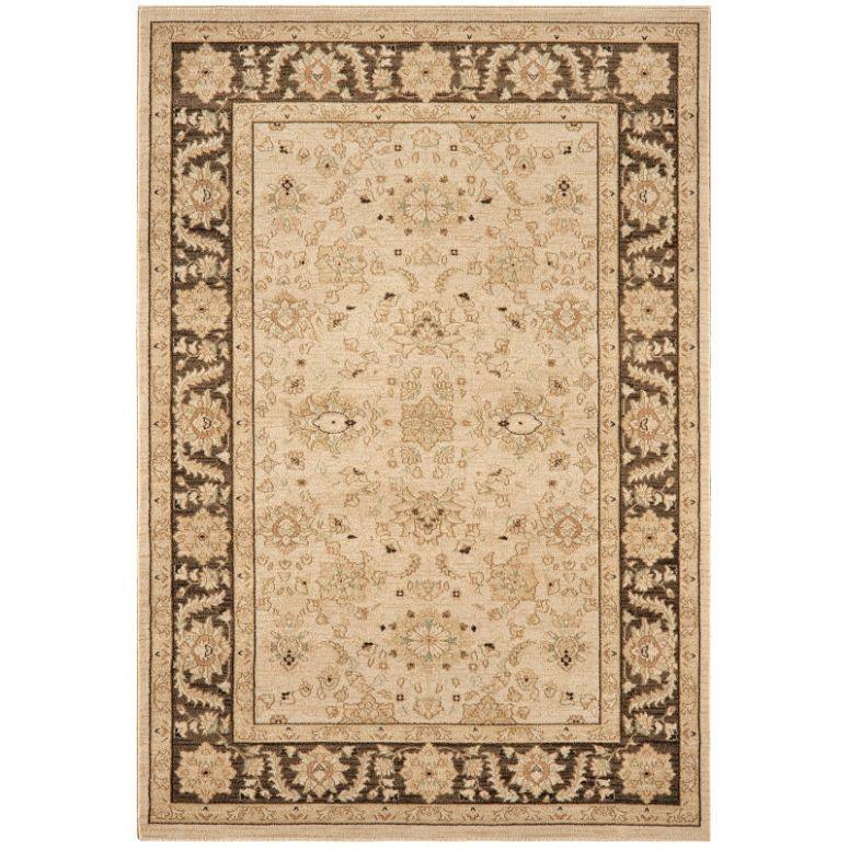 beige and brown traditional area rug with floral border and ornate central pattern