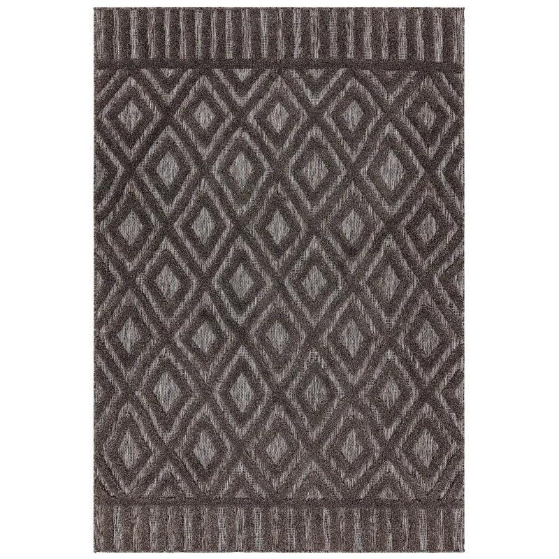Grey geometric patterned rug with diamond design and textured borders
