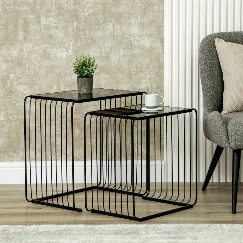 Set of 2 Black Metal with Black Glass Top Nesting Table