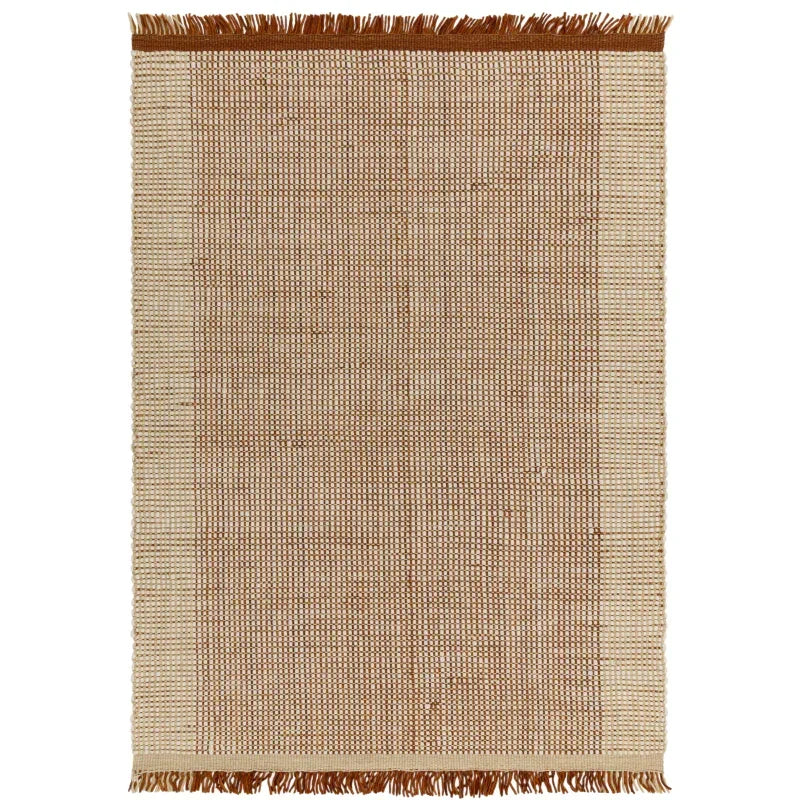Natural jute rug with beige border and fringe detailing, flat weave pattern