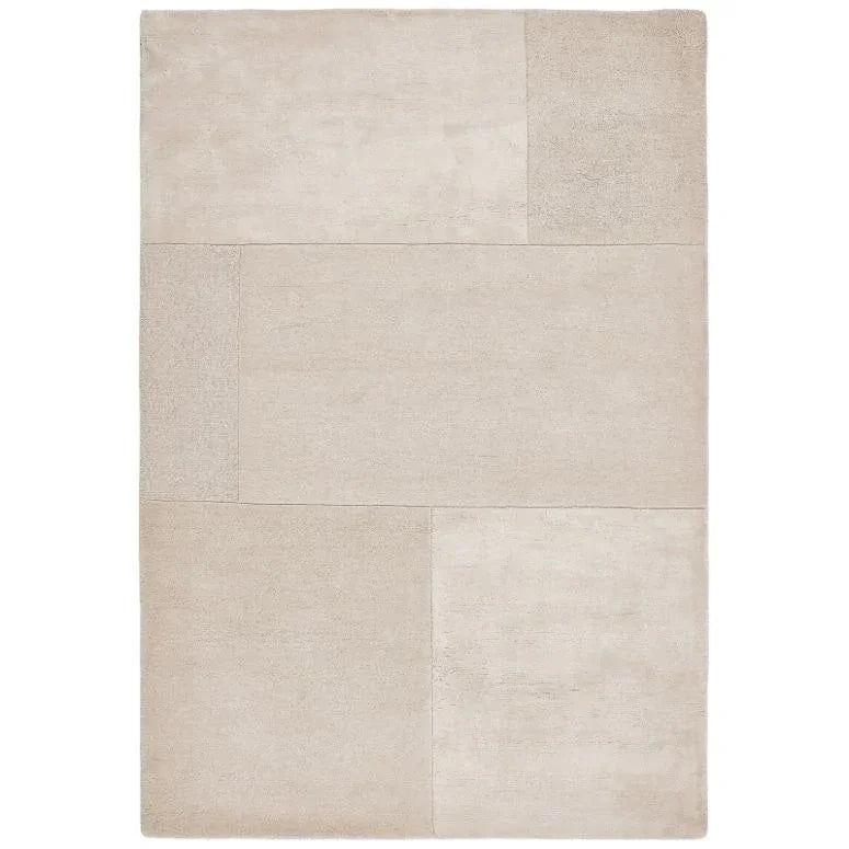 Beige geometric pattern rug with rectangular blocks, modern living room carpet design