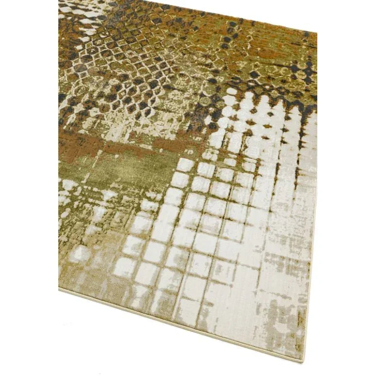 Modern area rug with abstract grid and hexagon patterns in beige, brown, green and white tones
