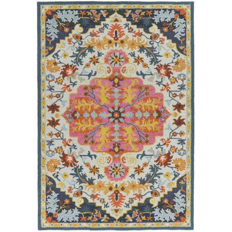 Multicolour patterned area rug with floral motifs and pink central medallion on white background