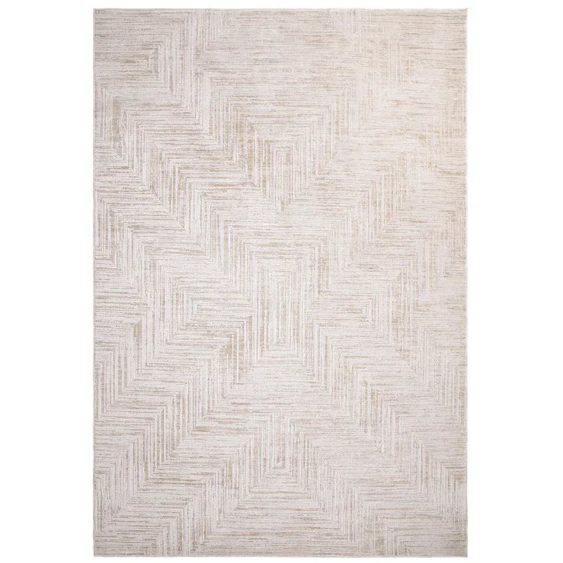Beige geometric pattern area rug with subtle textured lines on white background