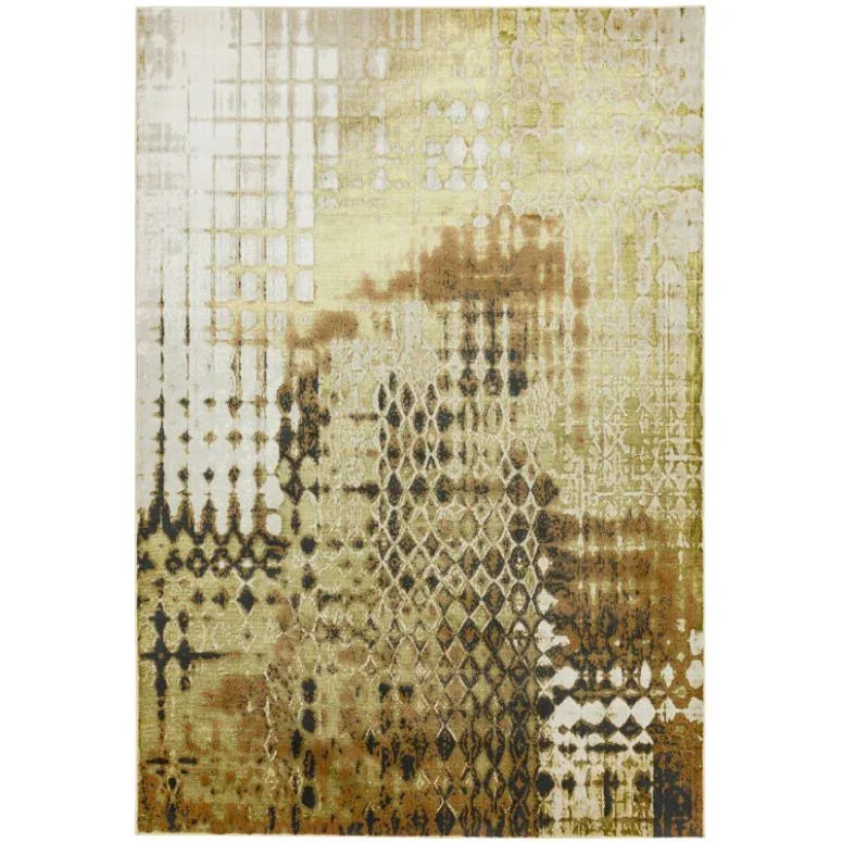 Modern abstract rug with geometric pattern in beige, brown, and gold tones