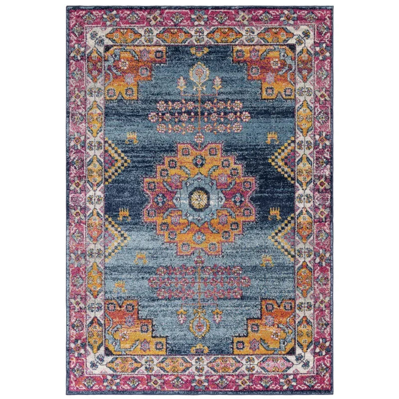 Blue oriental rug with orange and pink medallion pattern and decorative border design