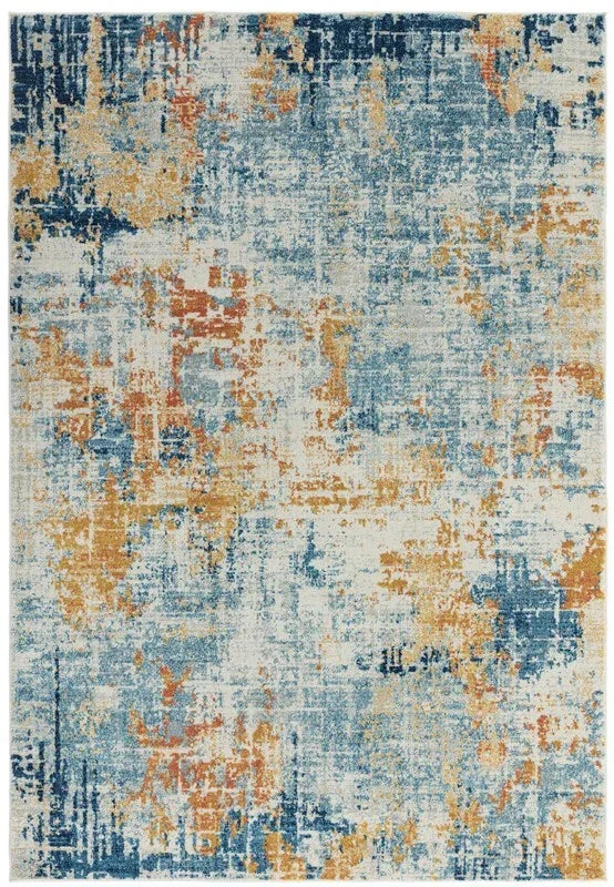Abstract area rug with blue, gold, and orange pattern on cream background