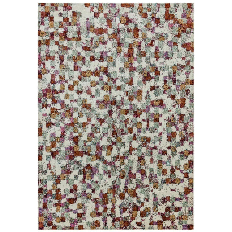 Modern area rug with abstract multicolour geometric pattern on cream background