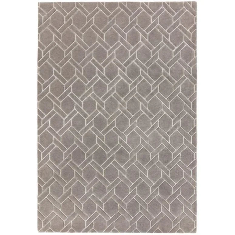 Grey geometric pattern rug with textured surface and modern design