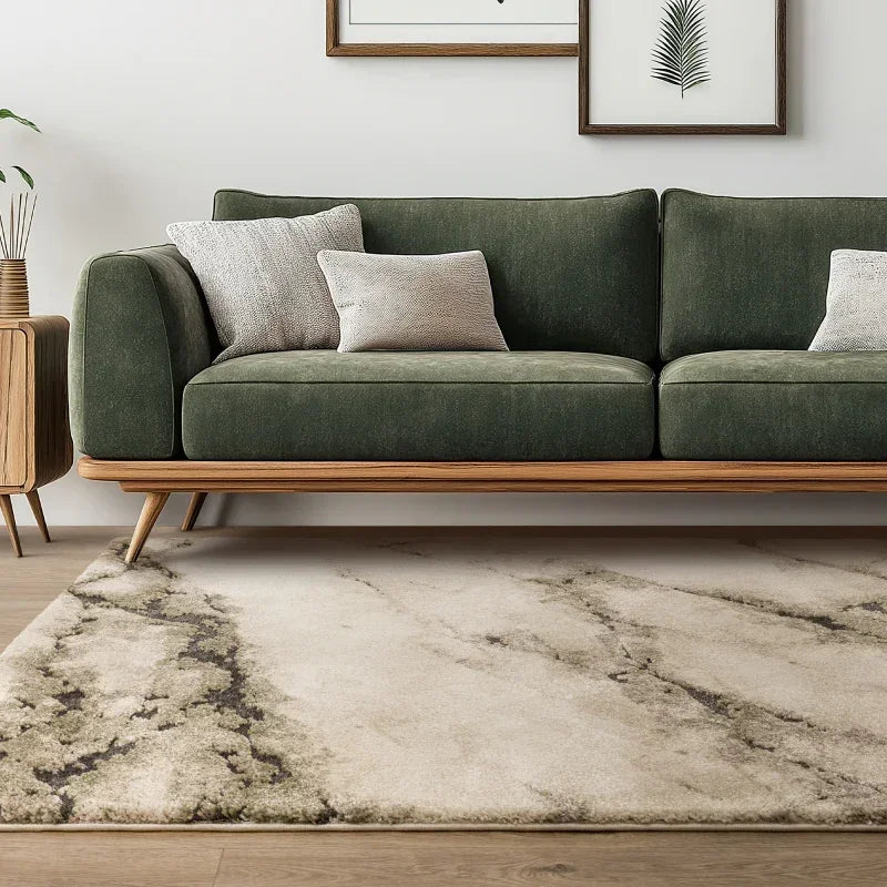 Green velvet sofa with wooden base, neutral scatter cushions and marble pattern area rug
