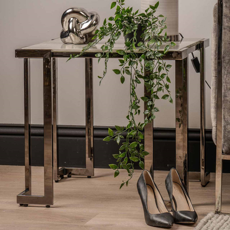 Aamari Grey Gunmetal End Table with White Faux Marble Glass Top - KD