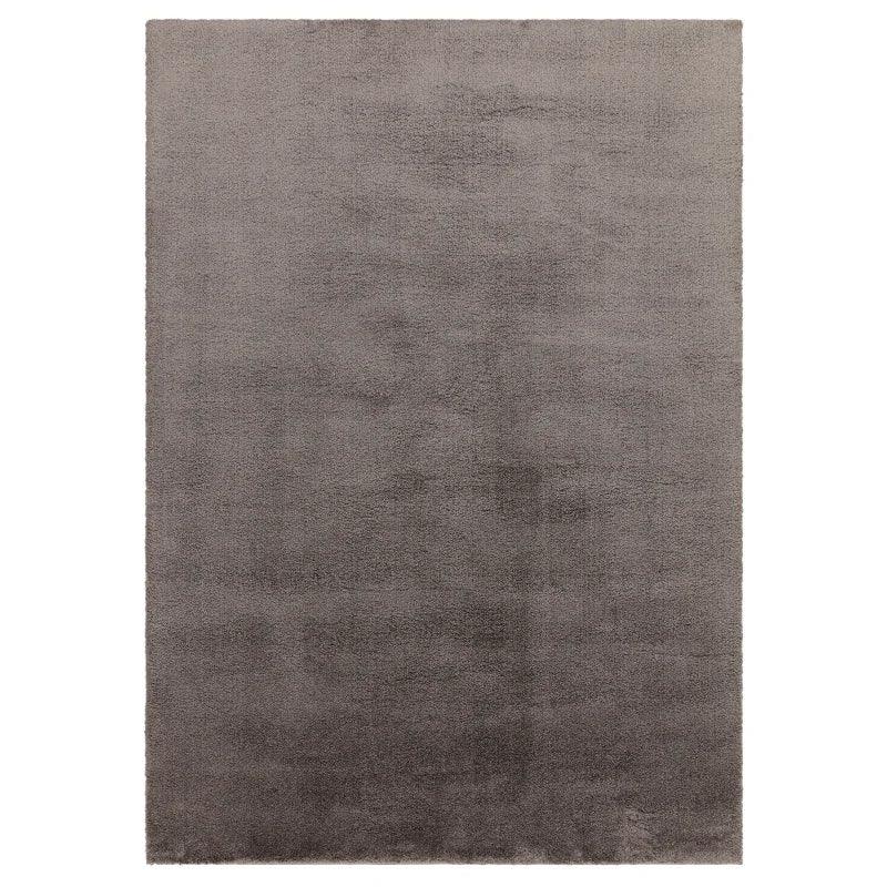 Grey area rug with soft texture and short pile, rectangular shape, plain modern design