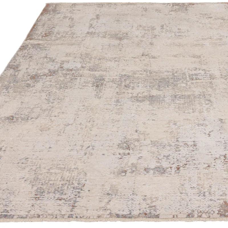 Neutral beige area rug with distressed pattern and subtle grey tones, viewed from above
