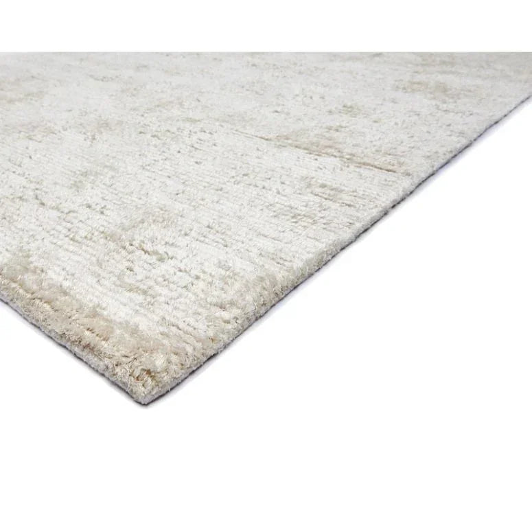 Beige area rug with soft texture and subtle pattern, close-up corner view