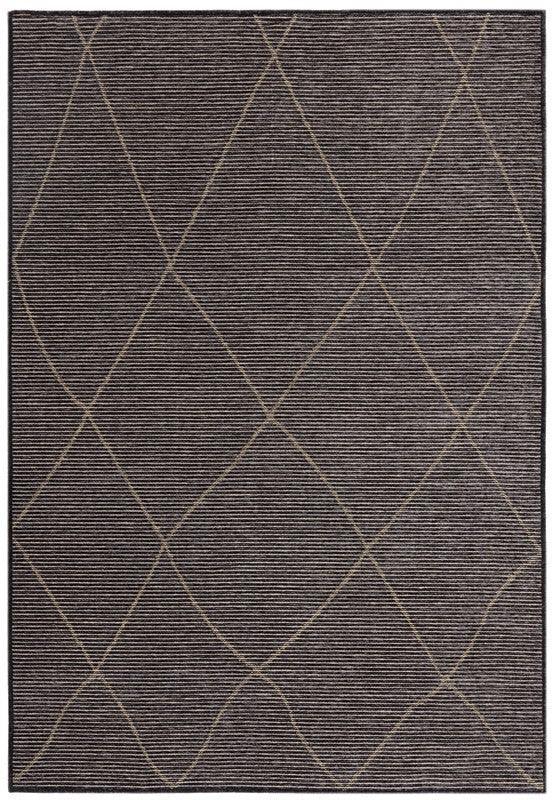 Dark grey area rug with simple diamond line pattern and textured surface