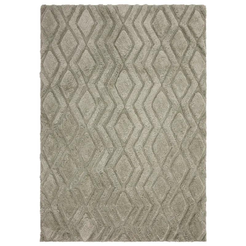 Grey geometric patterned rug with textured diamond shapes and soft pile