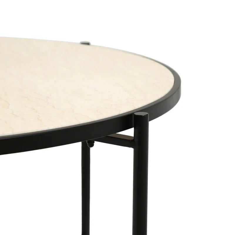 45cm Black Metal Coffee Table with Travertine Marble Top