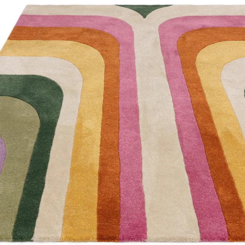 Multicolour geometric patterned rug with pink, gold, green, orange and cream arches