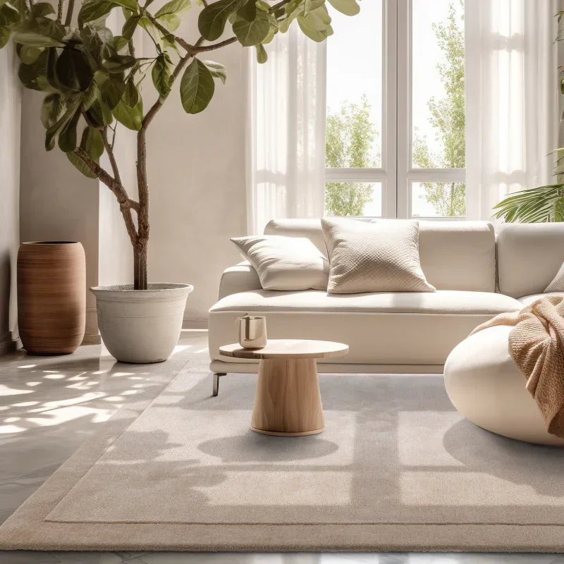 Modern living room with cream fabric sofa, wooden coffee table, indoor plant, and large window