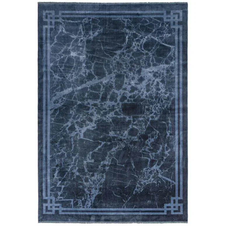 Navy blue marble effect rug with geometric border design and textured pattern