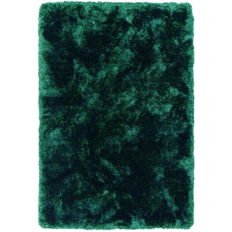 Deep green shaggy rug with plush texture and thick pile, shown from above