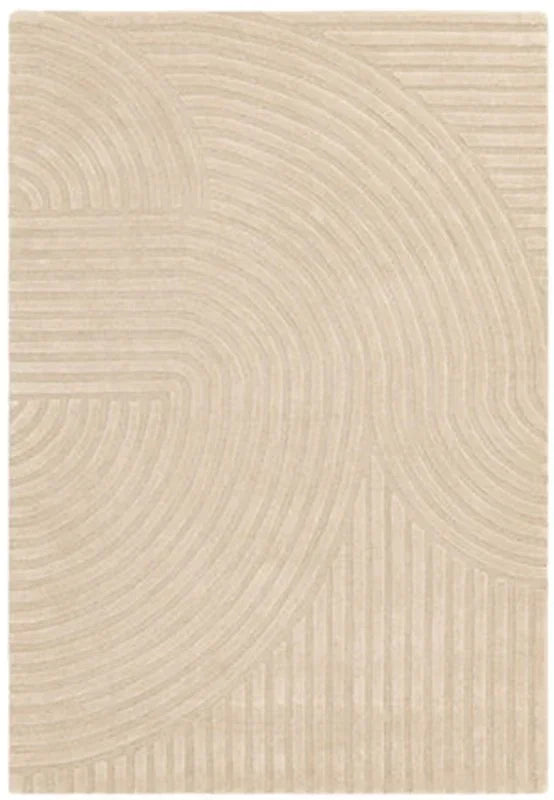 Beige area rug with textured geometric line pattern, modern living room carpet