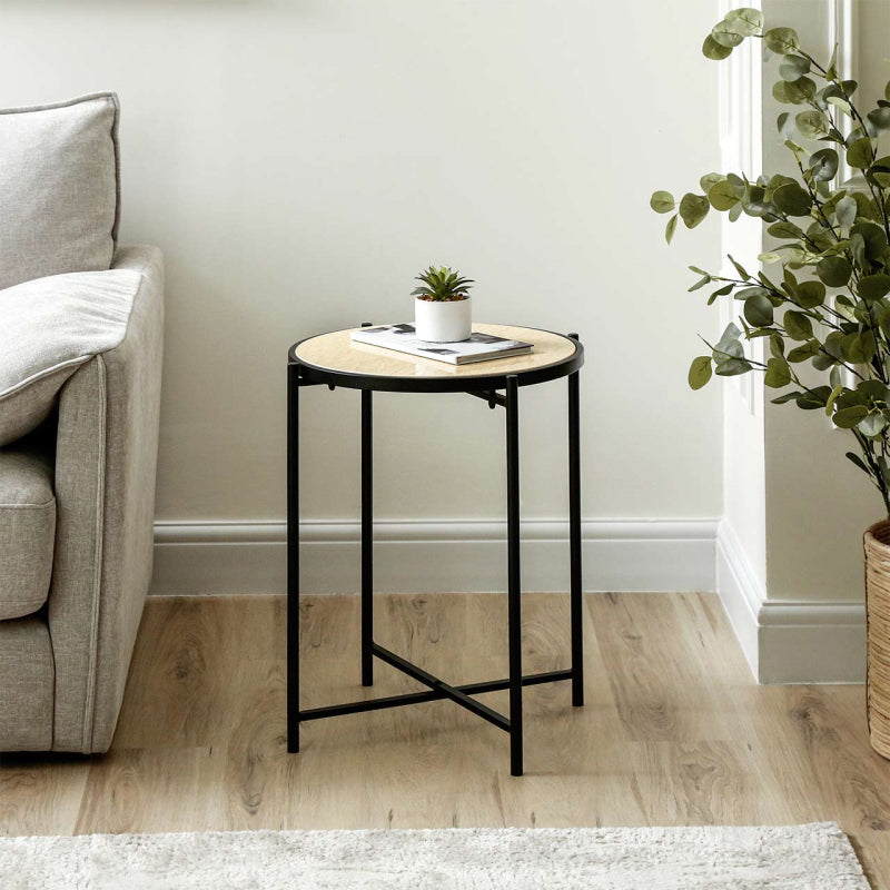 55cm Black Metal End Table with Travertine Marble Top