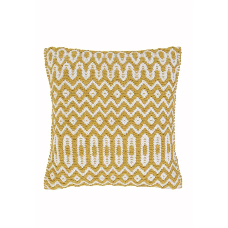 Yellow and white patterned cushion with textured zigzag and diamond design