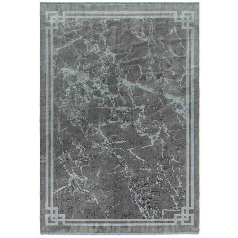 Grey marble effect rug with geometric border design