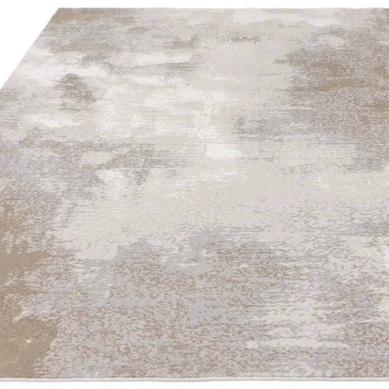 Beige and grey abstract area rug with subtle textured pattern, viewed from above